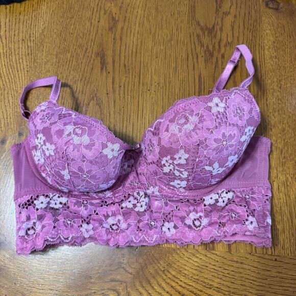 Adored by Adore Me Darker Pink Lace Overlay Longline Bra Women’s Size 34C Padded - Picture 1 of 9